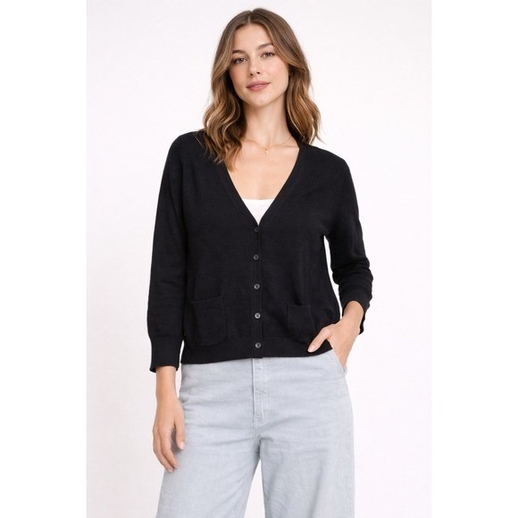 Henri Bendel Black 100% Cashmere V Neck Button Front Cardigan Sweater L